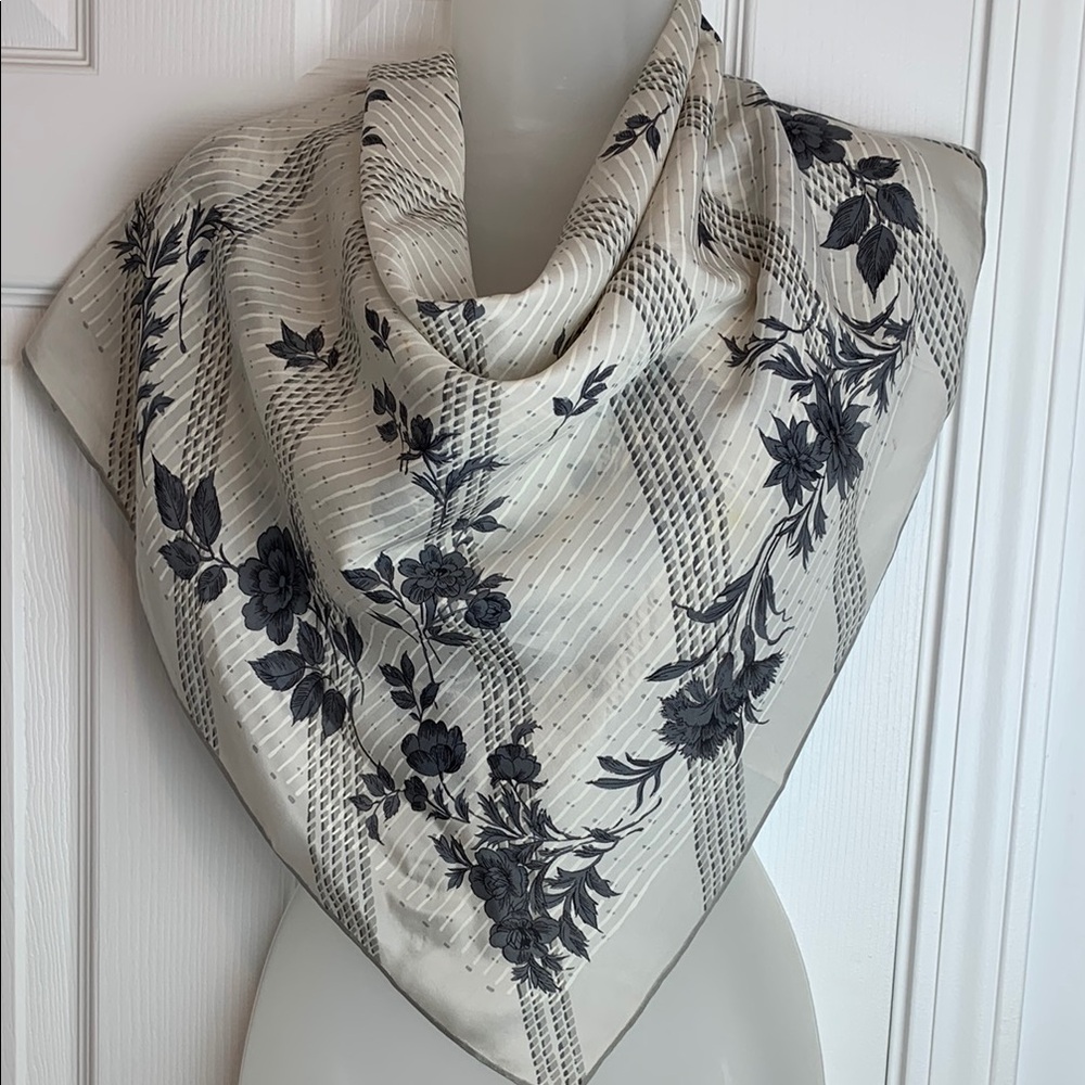 Elegant, feminine square Shades of Grey Floral Silk Scarf. VTG